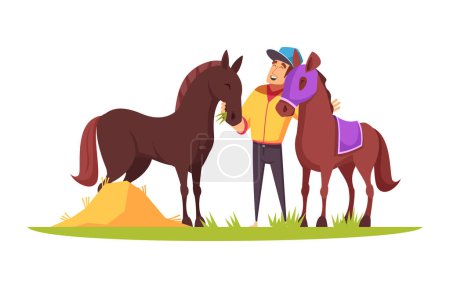 Illustration for Equestrian sport composition with cartoon style human character in uniform with horses vector illustration - Royalty Free Image