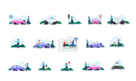Téléchargez les illustrations : Traffic police flat icon set police traffic controller, works in the parking lot on the street checks drivers licenses cuts off traffic and works on the road vector illustration - en licence libre de droit