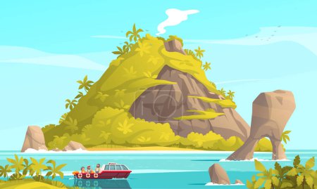 Téléchargez les illustrations : Affiche de dessin animé île tropicale avec bateau de tourisme en mer illustration vectorielle - en licence libre de droit