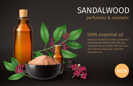 Illustration for Sandalwood realistic composition with essential oil perfume powder plant twigs and editable AD text on black background vector illustration - Royalty Free Image