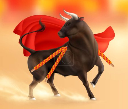 Illustration for Color bull realistic composition with outdoor scenery and running bull with red cloth and sandy trails vector illustration - Royalty Free Image