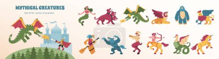 Téléchargez les illustrations : Créatures mythiques ensemble plat avec composition de guerrier combattant dragon et personnages isolés de contes de fées illustration vectorielle - en licence libre de droit