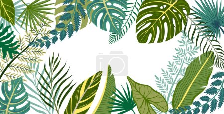 Téléchargez les illustrations : Flat frame with green leaves of various exotic tropical trees and plants on white background vector illustration - en licence libre de droit