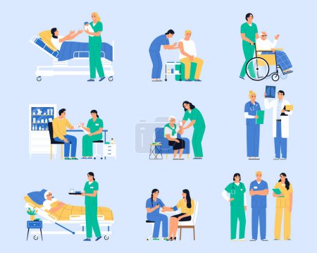 Nurse flat icons set with medical professionals during healthcare procedures isolated vector illustration