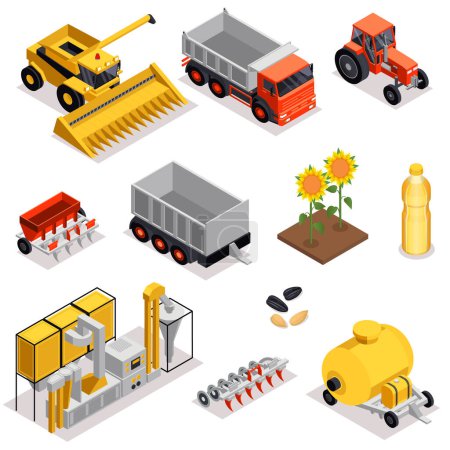 Illustration for Sunflower production set of isolated icons and isometric images of agricultural vehicles factory units and oil vector illustration - Royalty Free Image