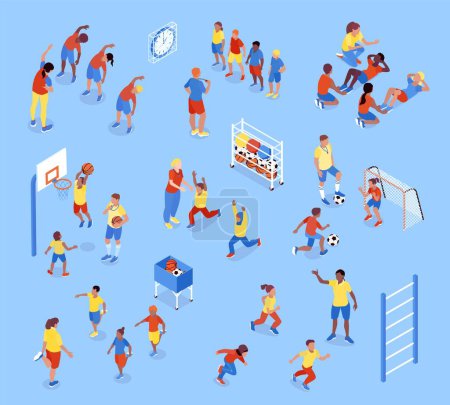 Isométrico pe lección de color conjunto con personajes aislados de los niños iconos del deporte y aparatos de tierra atlética vector ilustración