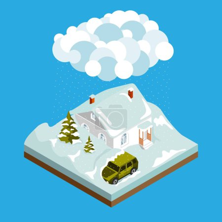 Téléchargez les illustrations : Natural disaster isometric composition with house and car buried in snow during heavy snowfall on blue background 3d vector illustration - en licence libre de droit