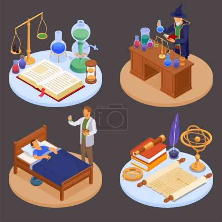 Illustration for Ancient science concept set with alchemy and astronomy symbols isometric isolated vector illustration - Royalty Free Image
