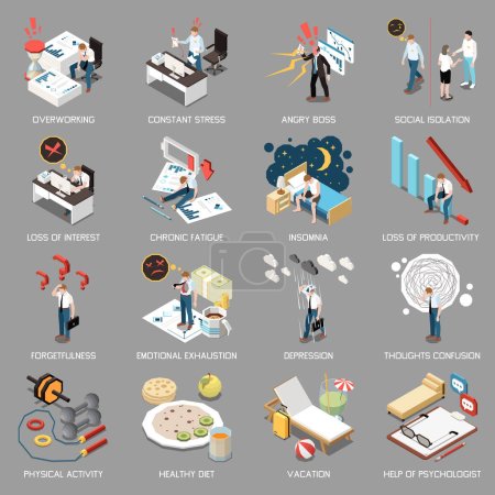 Illustration for Professional burnout syndrome isometric icons set with emotional breakdown symbols isolated vector illustration - Royalty Free Image