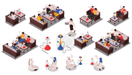 Illustration for Hookah bar isometric set of people relaxing in restaurant and smoking hookah isolated vector illustration - Royalty Free Image