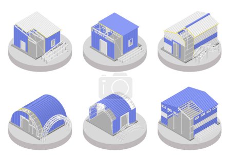 Ilustración de Metal construction isometric compositions set of different light building using as warehouse workshop garage isolated vector illustration - Imagen libre de derechos