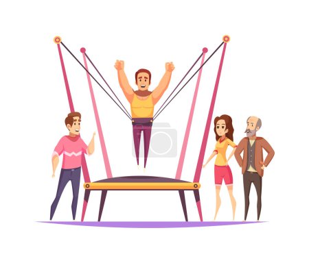Ilustración de Jumping trampolines composition with flat cartoon human characters and images of amusement appliance vector illustration - Imagen libre de derechos