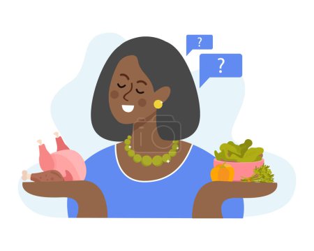 Illustration for Macronutrients flat background composition with cartoon style black woman holding meat and greens on her hands vector illustration - Royalty Free Image