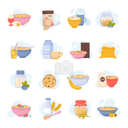 Illustration for Oatmeal set of isolated flat icons with images of served dishes smoothie drinks and food products vector illustration - Royalty Free Image
