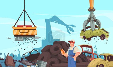 Car dump cartoon concept with handyman operating auto crushing machinery vector illustration