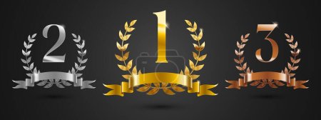 Illustration for Winner badges set with isolated compositions of gold silver and bronze awards with empty ribbons digits vector illustration - Royalty Free Image