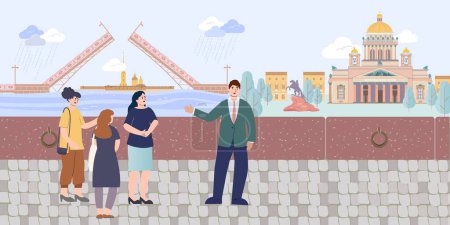 Illustration for Saint petersburg flat composition with doodle style outdoor embankment landscape with group of tourists and guide vector illustration - Royalty Free Image