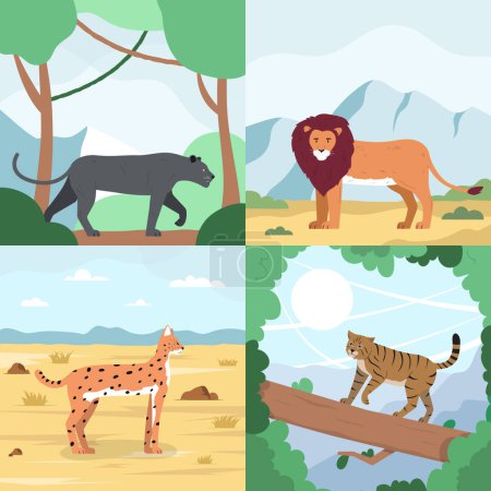 Téléchargez les illustrations : Wild cats flat 2x2 set of square compositions with outdoor landscapes and felines in natural habitat vector illustration - en licence libre de droit