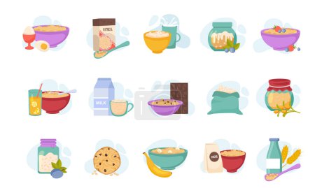 Illustration for Oatmeal set of isolated compositions with food product icons served dishes and ingredients on blank background vector illustration - Royalty Free Image