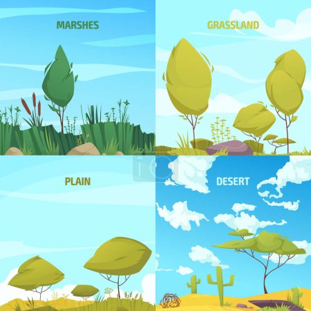 Téléchargez les photos : Ecosystem types cartoon set with marshes and grassland system compositions isolated vector illustration - en image libre de droit