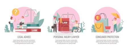 Téléchargez les illustrations : Compositions de dessins animés d'avocats avec symboles de services juridiques illustration vectorielle isolée - en licence libre de droit