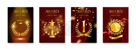 Ilustración de Award poster set with four isolated vertical compositions with ornate text curtains background and trophy images vector illustration - Imagen libre de derechos