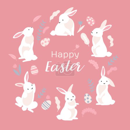 Happy easter greeting card with frame of cute white cartoon rabbits on pink background flat vector illustration