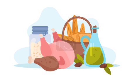 Ilustración de Macronutrientes composición plana con fondo en blanco y racimo de productos crudos carne pan y aceite frasco vector ilustración - Imagen libre de derechos