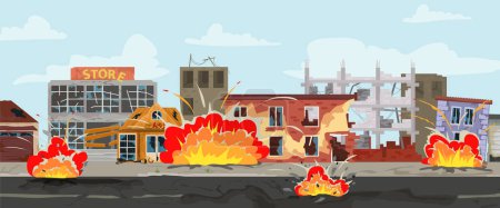 Ilustración de Ciudad después de bombardear la composición horizontal con casas de ciudad rotas e ilustración de vector plano de llama - Imagen libre de derechos