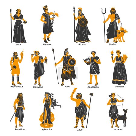 Ilustración de Olympus gods flat set of apollo poseidon artemis demeter hera hermes athena zeus characters isolated vector illustration - Imagen libre de derechos