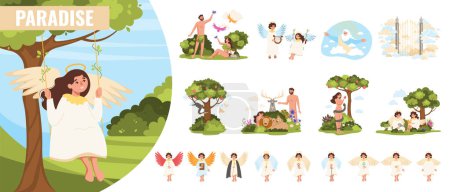 Illustration for Paradise bible flat composition with summer scenery angel character and isolated icons of holy tale scenes vector illustration - Royalty Free Image