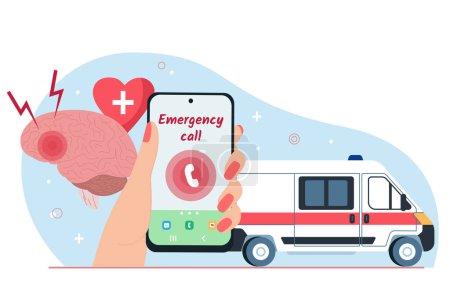 Téléchargez les illustrations : Composition à plat AVC avec ambulance d'appel d'urgence et illustration vectorielle du cerveau humain - en licence libre de droit