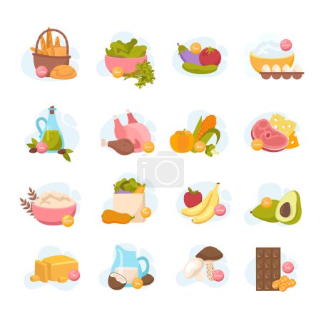 Illustration for Macronutrients flat icons collection with isolated compositions of food images with raw vegetables fruits and meat vector illustration - Royalty Free Image
