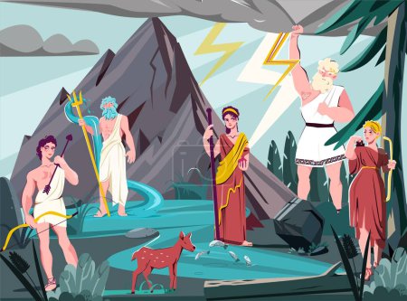 Illustration for Olympian gods flat colored composition gods standing in the natural landscape against a background of mountains forests and water vector illustration - Royalty Free Image
