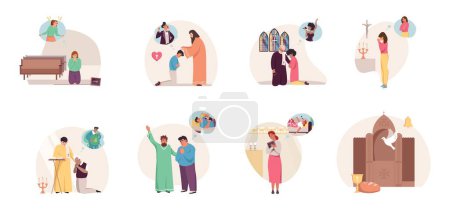 Téléchargez les illustrations : Sin religion flat set with isolated round compositions with reconciliation room and people kneeling in prayer vector illustration - en licence libre de droit