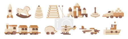 Illustration for Vintage wooden toys flat set with helicopter whirligig rocket pyramid ship train isolated vector illustration - Royalty Free Image