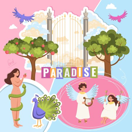 Illustration for Paradise bible composition with collage of flat images with heaven gates apple of discord and angels vector illustration - Royalty Free Image
