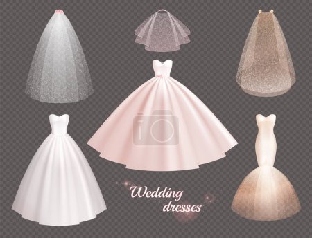 Illustration for Bride wedding dress realistic icon set six items of wedding dress and veil in different styles and lengths vector illustration - Royalty Free Image