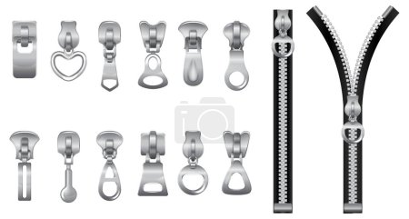 Illustration for Realistic zipper fasteners clasp set with icons of silver latches of various shape on blank background vector illustration - Royalty Free Image