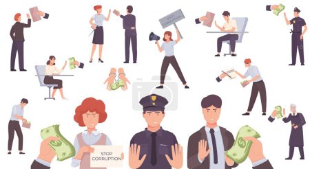 Anti corruption stop flat set with isolated characters of police officers authorities refusing of taking bribes vector illustration