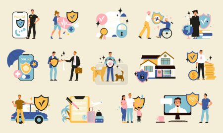 Insurance color set with compositions of shield icons agreements property locks medical care and human characters vector illustration