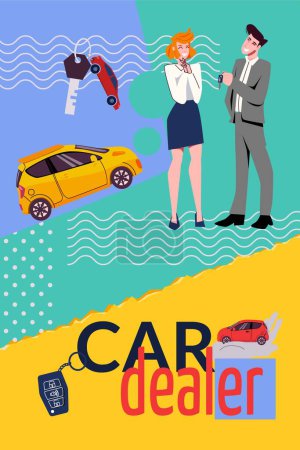 Ilustración de Car dealer vertical collage in flat style with new car key and happy characters of seller and customer on colorful background vector illustration - Imagen libre de derechos
