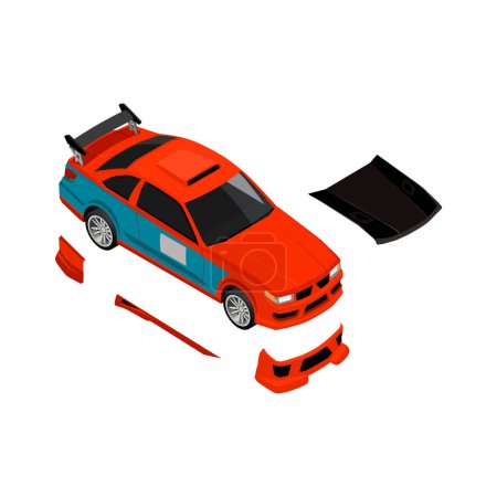 Illustration for Car tuning isometric composition with icons of detached car parts on blank background vector illustration - Royalty Free Image