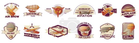 Illustration for Aeronautics retro vintage aircraft transport emblems set of isolated compositions with text airplane images and ribbons vector illustration - Royalty Free Image