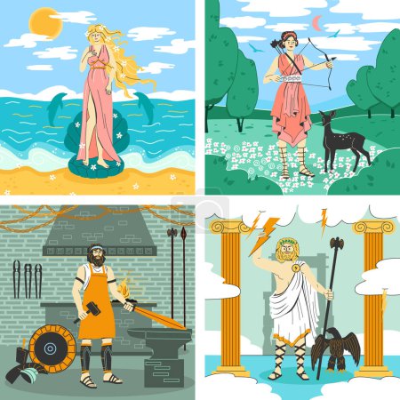 Téléchargez les illustrations : Olympus gods 2x2 design concept set of four square icons with greece mythology characters vector illustration - en licence libre de droit