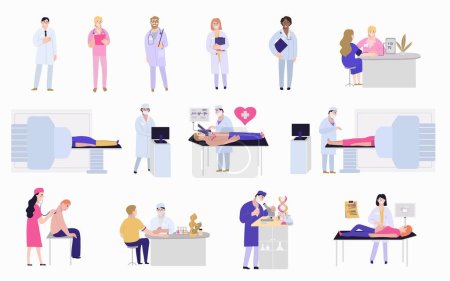 Téléchargez les illustrations : Medical examination set with flat isolated compositions of medical specialists with doctors office furniture and patients vector illustration - en licence libre de droit