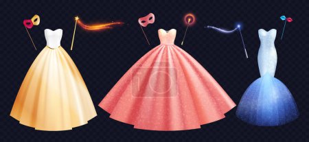 Illustration for Colored realistic bride wedding dress icon set three evening or wedding dresses yellow pink and blue with carnival masks on black background vector illustration - Royalty Free Image