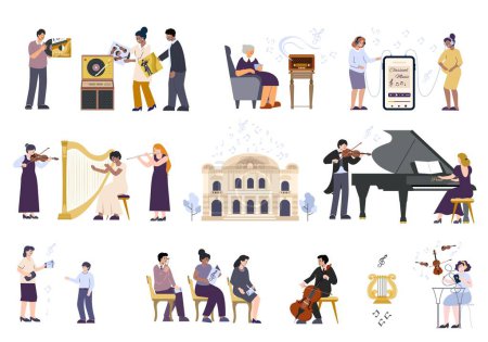 Téléchargez les illustrations : Classical music flat set with isolated icons of theater building practicing and performing musicians with listeners vector illustration - en licence libre de droit