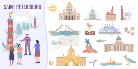 Illustration for Saint petersburg set with flat isolated compositions of famous sights with group of tourists discovering russia vector illustration - Royalty Free Image
