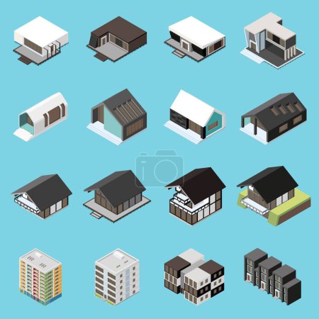Illustration for Modular frame building isometric icons set with mobile house constructions isolated vector illustration - Royalty Free Image